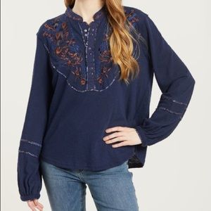 Free People Navy Embroidered Blouse